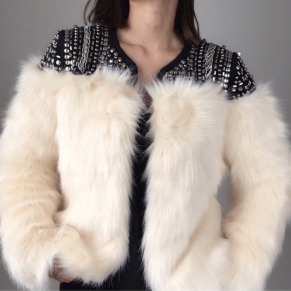 Honey Punch Studded Cream Faux Fur Jacket